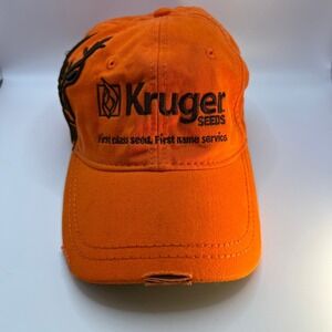 Vintage Kruger Seeds Dri Duck Hat Orange Distressed Workwear Camo Strapback Cap
